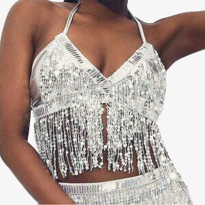Silver Sequin Fringe Crop Top